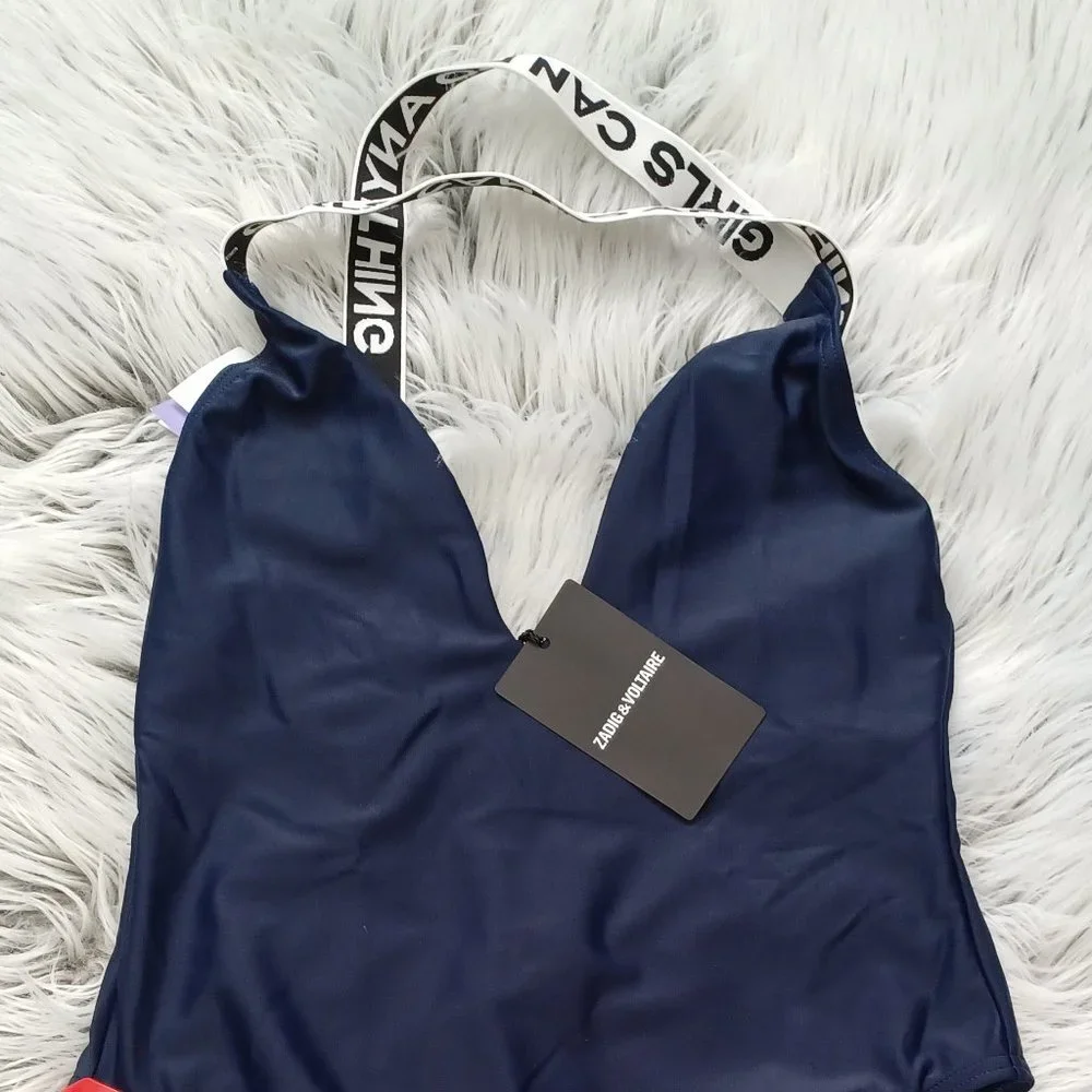 New Zadig & Voltaire Girls Can Do Anything Navy One Piece Swimsuit - Picture 4 of 8
